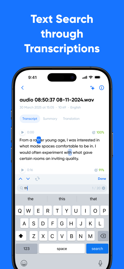 モバイル画面上の文字起こし内で単語を強調表示するテキスト検索機能を示すTranscribeアプリのスクリーンショット。