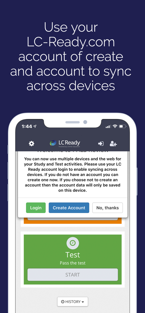 Mensaje de inicio de sesión en la aplicación ACLS Review para sincronizar datos entre dispositivos con una cuenta LC Ready.