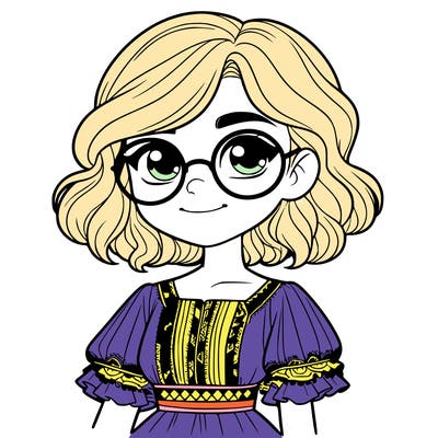 one girl with medium short hair, which are wavy. she has round glasses. she wears a latina outfit.