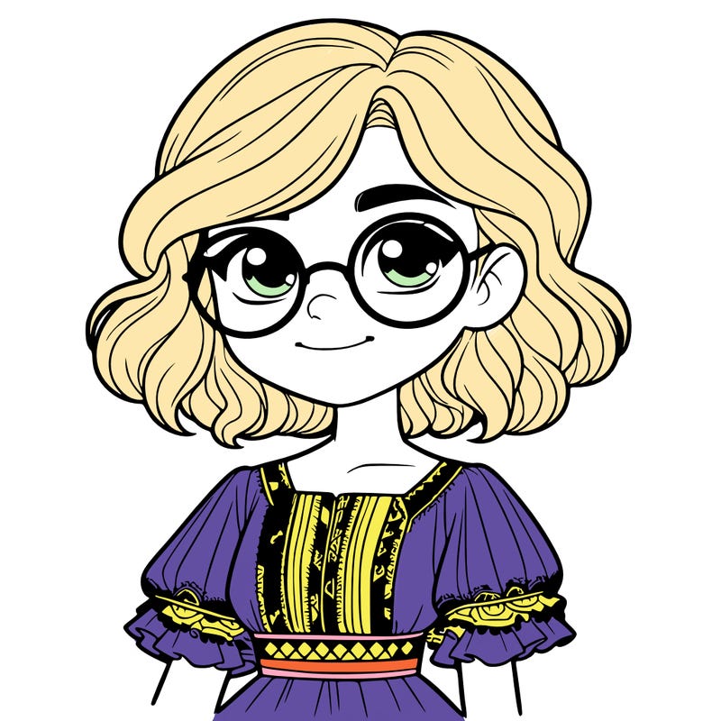 one girl with medium short hair, which are wavy. she has round glasses. she wears a latina outfit.