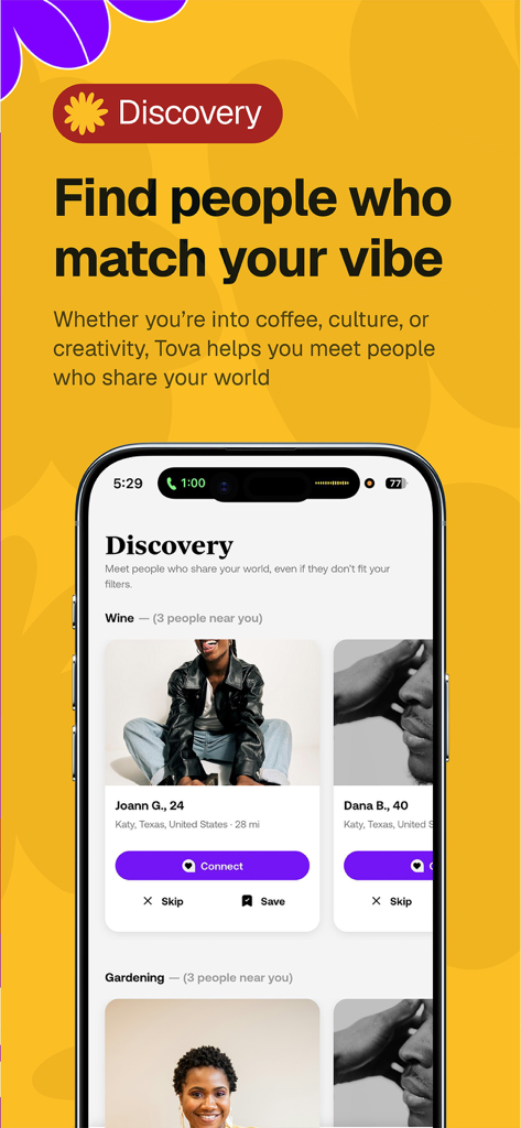 Tova Dating - Tova Dating app discovery screen showing professional profiles categorized by interests like wine and gardening