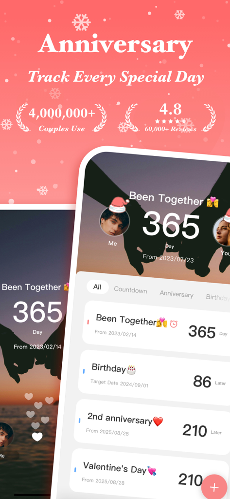 Memories: My Love Days Counter - Interface of the Memories app showing a relationship day counter and upcoming milestones like anniversaries and birthdays