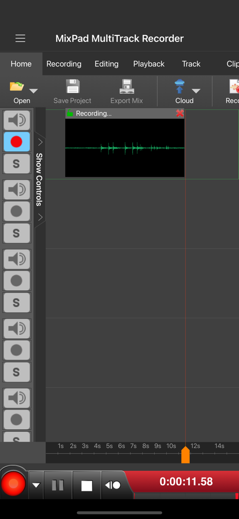 MixPad Master's Edition - MixPad multitrack recorder interface showing an active audio recording session