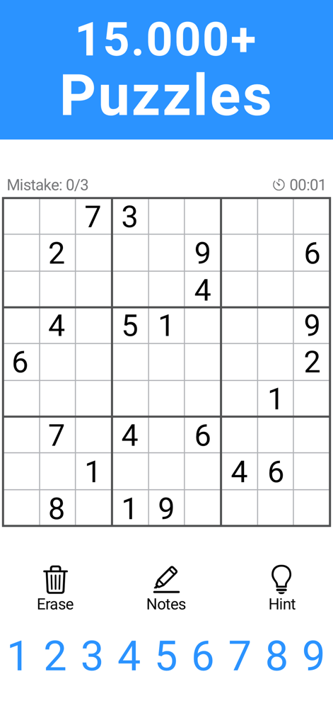 Cuadrícula de puzzle de Sudoku clásico mostrando la selección de números y los controles del juego.