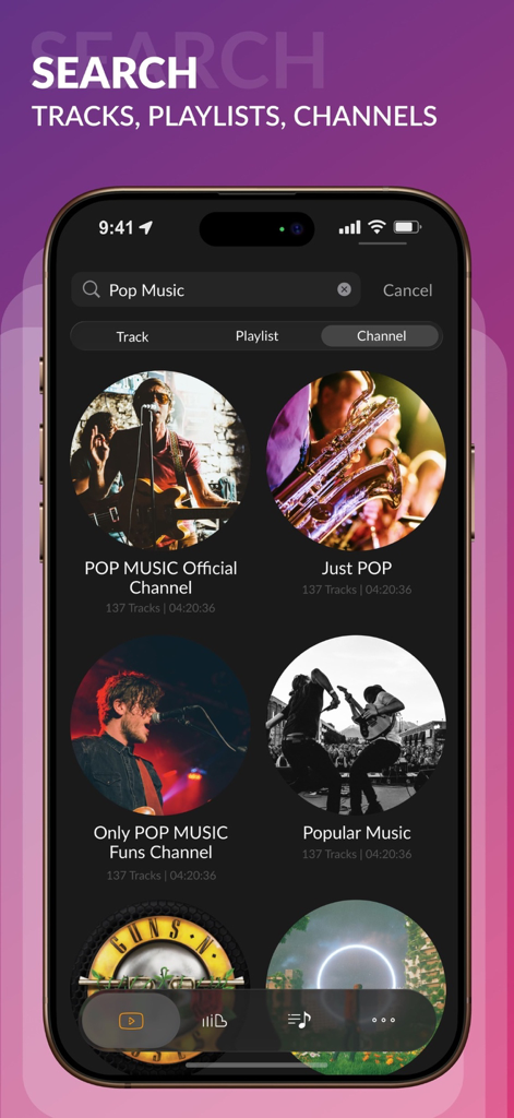 La interfaz de búsqueda de la aplicación Silence Music muestra resultados de búsqueda de canales y pistas de música pop.