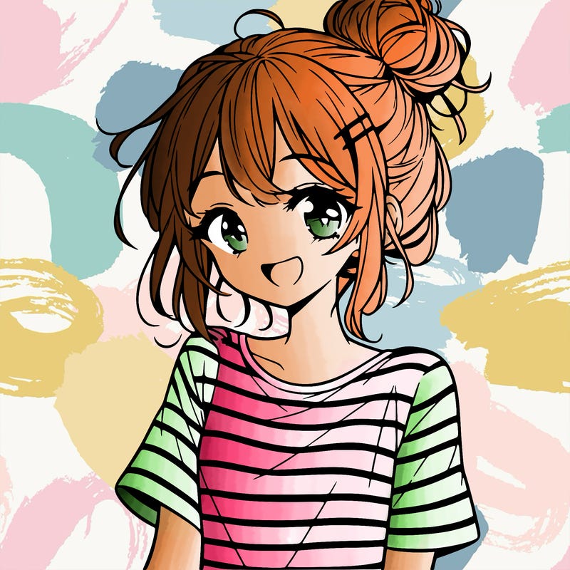 anime girl teenager striped shirt and smile and messy bun
