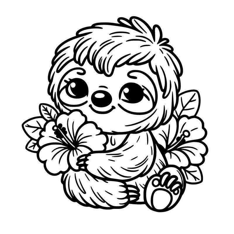 baby sloth holding hibiscus flowers
