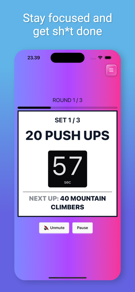 Rounds app - Rounds-App-Intervall-Workout-Timer, der Liegestütze und einen Countdown-Timer zeigt