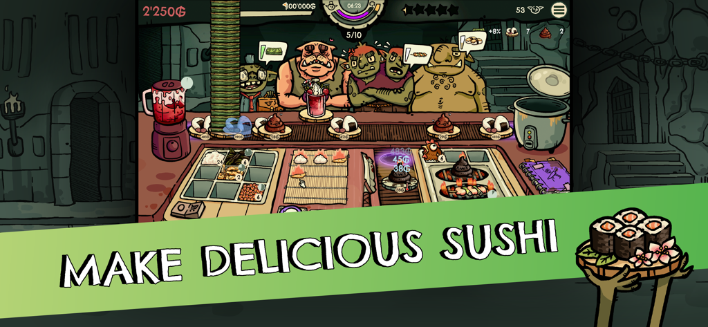 Goblin Sushi - A chaotic kitchen scene in Goblin Sushi where various goblin characters wait for their orders at a sushi bar.