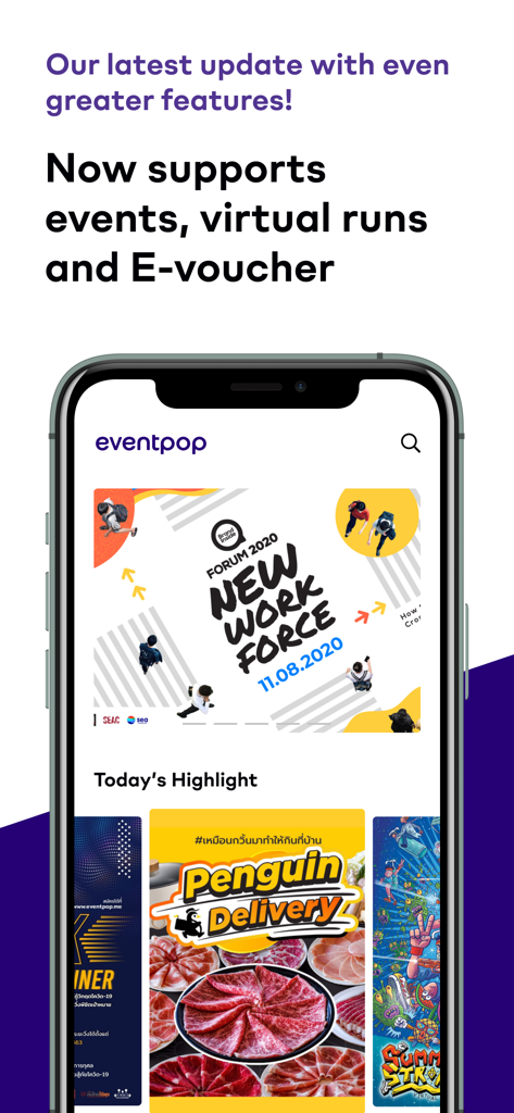 Eventpop mobile app home screen showing event highlights virtual runs and e-voucher support