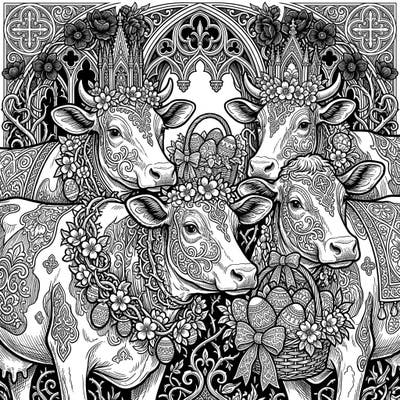 Unleash your creativity with this unique coloring page featuring ornate dairy cows celebrating Easter in a captivating Gothic style. Dive into intricate details of blossoms, eggs, and Victorian-inspired patterns for a truly enchanting experience.