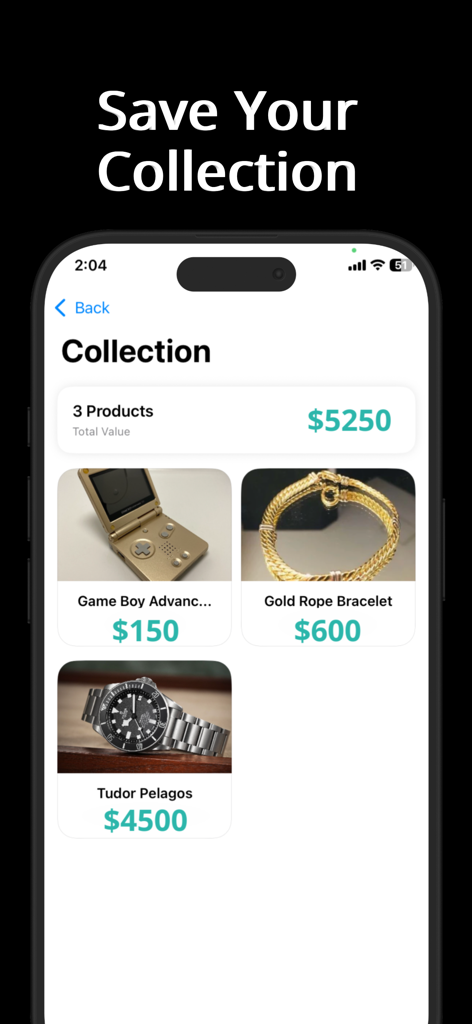 Mobile app screen showing a collection of valued items including a watch and a bracelet with a total value of 5250 dollars