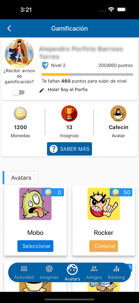 Campus Virtual UVEG - Gamification dashboard in the Campus Virtual UVEG app showing user level and avatar selection
