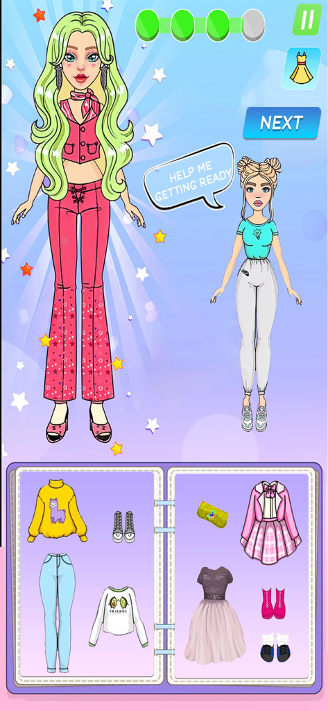 DIY Paper Doll Dress Up Game - Interfaz del Juego de Vestir Muñecas de Papel DIY que muestra un armario de moda y opciones de estilismo de personajes
