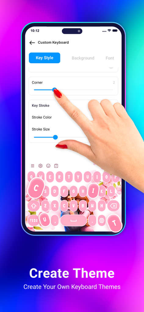 Neon Love Theme - Interface for creating a custom keyboard theme with key style and background options