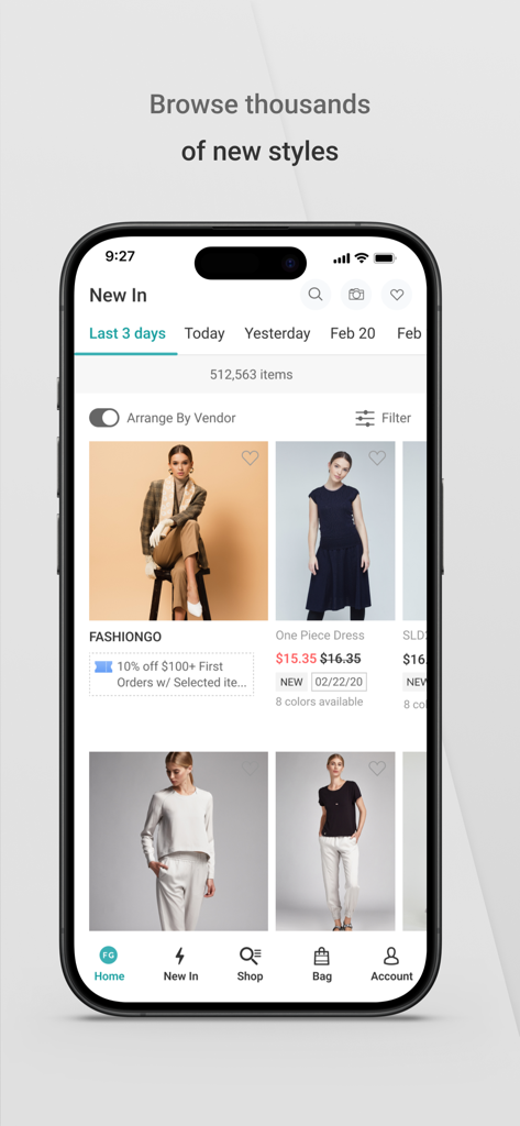 FashionGo app interface displaying new wholesale clothing styles for retail buyers