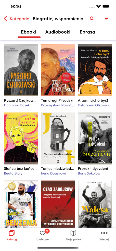 Catálogo de e-books de biografias em língua polonesa no aplicativo móvel Publio.