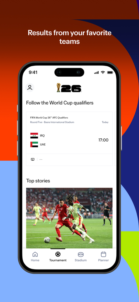 Smartphone screen showing FIFA World Cup 26 app with match scores and top stories