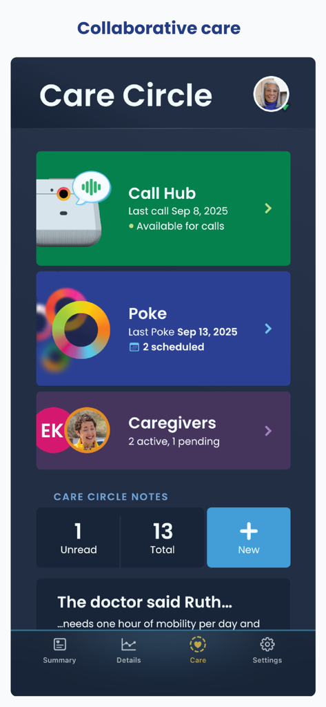 Nomo Smart Care - Nomo Smart Care app Care Circle interface showing family care coordination features