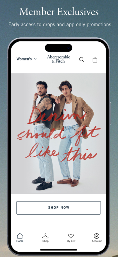 Abercrombie and Fitch mobile app interface showcasing member exclusives and denim apparel