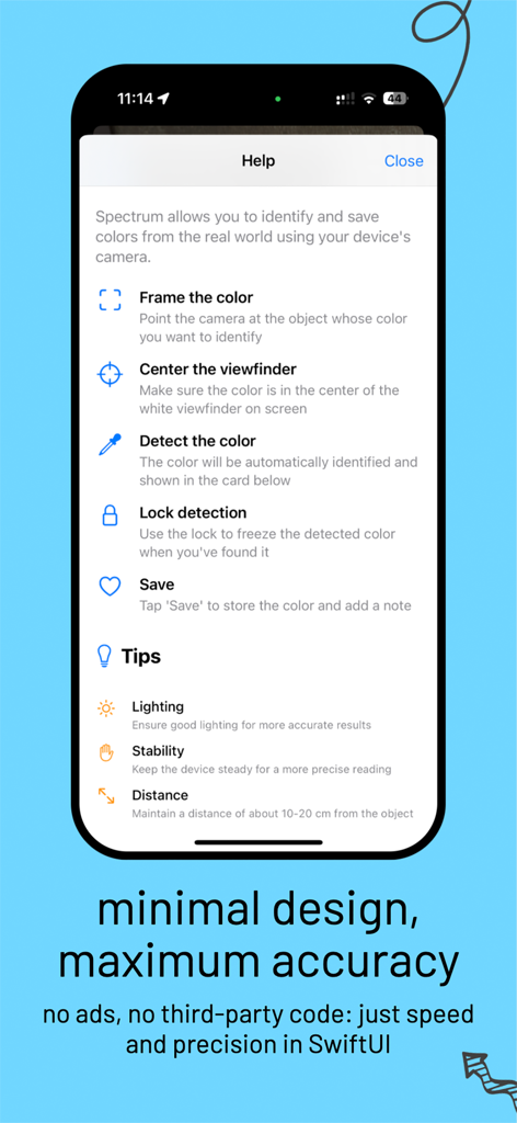 Hilfebildschirm des Spectrum Farberkenners mit Schritt-für-Schritt-Anleitungen zur Identifizierung und Speicherung von Farben mithilfe einer mobilen Kamera
