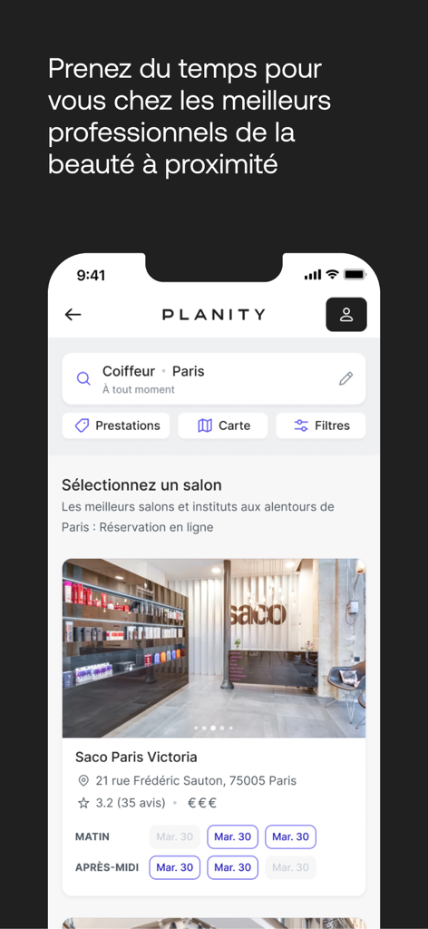 Planity mobile app showing a hair salon listing in Paris with available appointment slots.