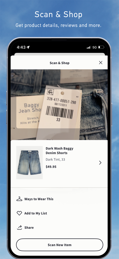 Hollister Co. - A mobile interface of the Hollister app showing the Scan and Shop feature with a barcode scanner and product details for denim shorts.