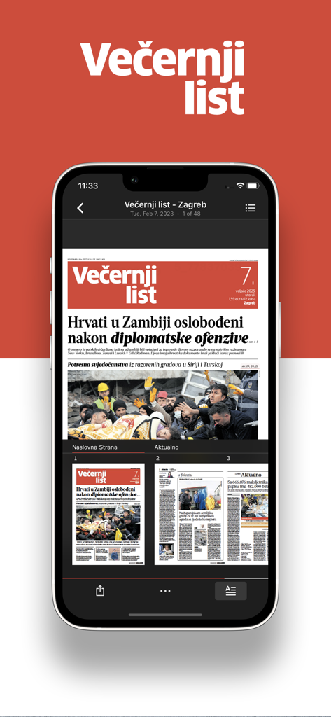 Večernji list e-novine - Smartphone screen showing the front page of Vecernji list digital newspaper.