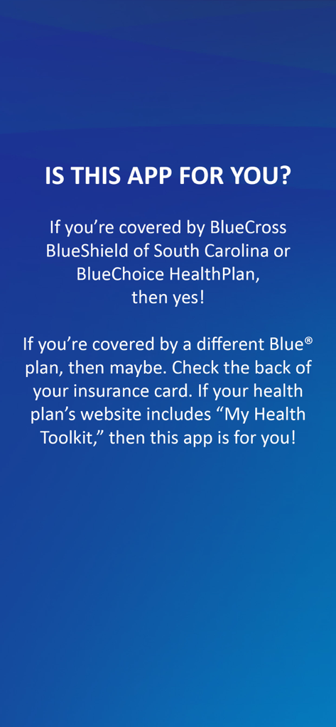 Informational screen explaining eligibility for My Health Toolkit app for BlueCross BlueShield of South Carolina and BlueChoice HealthPlan members.