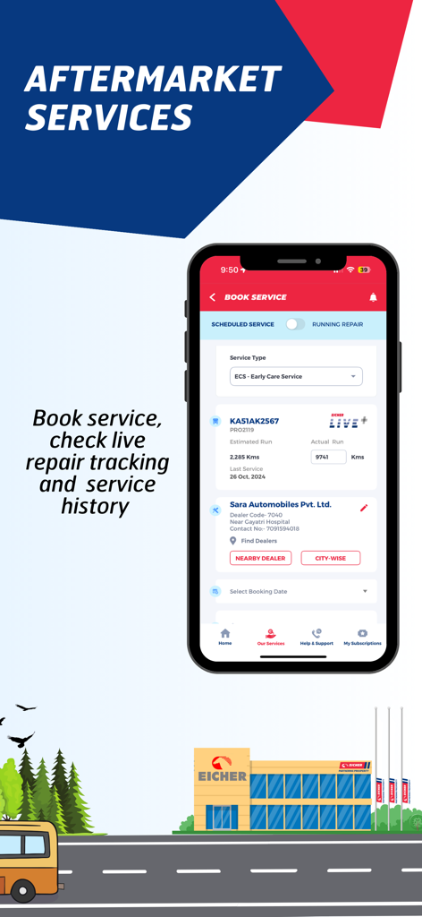 MY EICHER App-Oberfläche zur Buchung von Kfz-Dienstleistungen nach dem Verkauf und zur Verfolgung von Reparaturen.