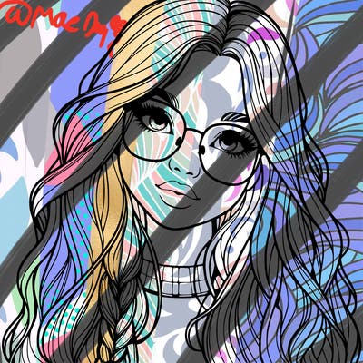 girl with long hair and freckles and glasses realistic