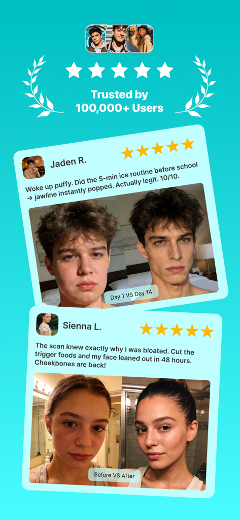 UNBLOAT AI: Debloat & Depuff - User testimonials with before and after facial de-puffing results for UNBLOAT AI app