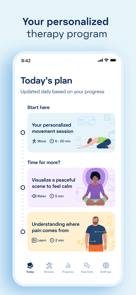 Kaia Health - Kaia Health app Today's plan screen showing personalized movement and relaxation therapy sessions