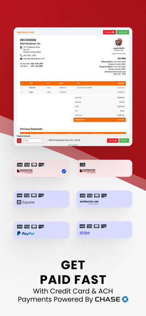 Contractor+ - Contractor plus digital invoice showing itemized costs and integrated payment options including Square PayPal and Chase