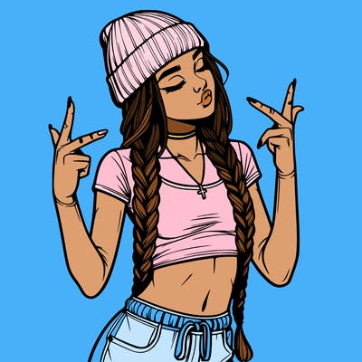 realistic teenage girl with braids and a beanie and crop top doing 🫶🏼