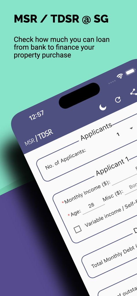 MSR / TDSR @ SG - Interface of the MSR / TDSR @ SG app displaying the input fields for mortgage applicant details including income and age.