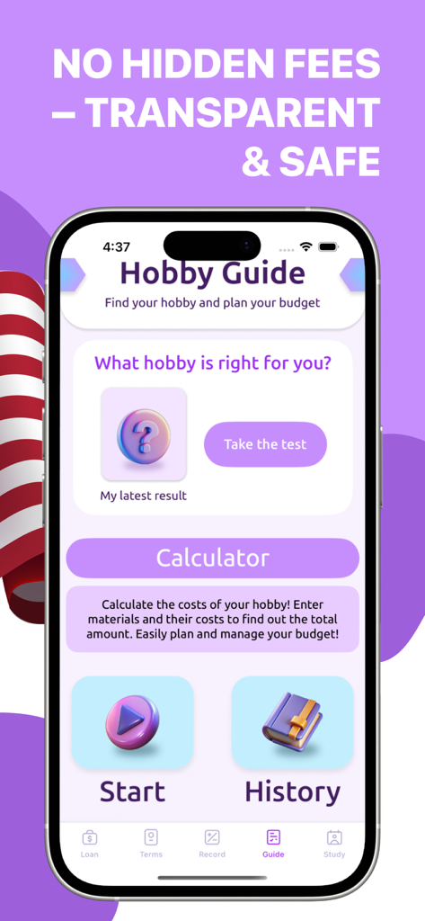 Quick Cash – GM Connector - Écran du guide des passe-temps de l'application Quick Cash avec calculatrice de budget et test de passe-temps