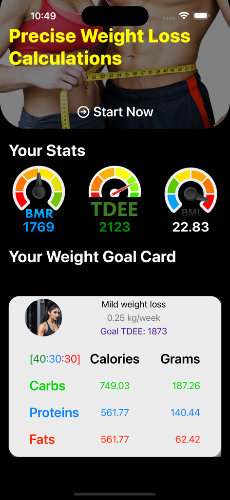 TDEE BMR and BMI app dashboard showing fitness stats and a macro weight goal card