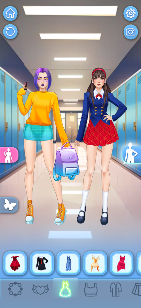 BFF Dress Up Games for Girls - Dos avatares de chicas con elegantes atuendos de secundaria en un pasillo con casilleros escolares