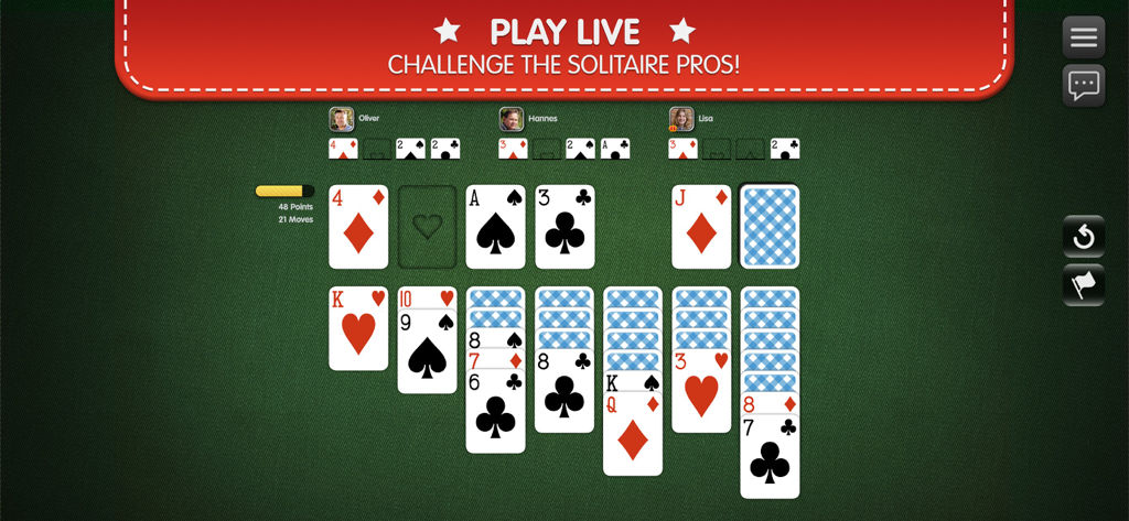 A live multiplayer Klondike solitaire match with real opponents on a green card table background