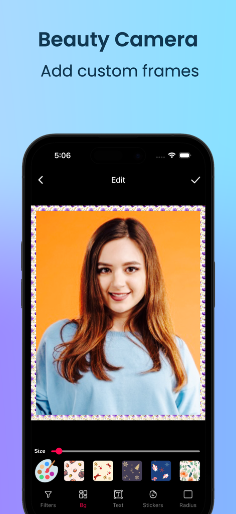 Beauty Camera: Selfie, Sticker - A mobile app interface showing a young woman portrait being edited with a decorative floral frame in the Beauty Camera app.