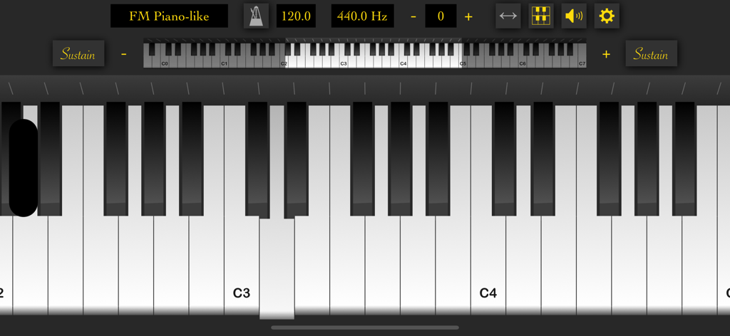 Interface of the Piano Modoki app showing a digital keyboard and FM synthesis settings.