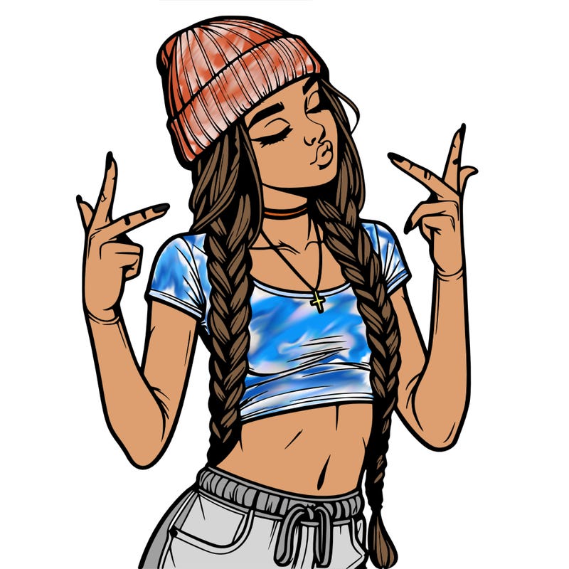 realistic teenage girl with braids and a beanie and crop top doing 🫶🏼
