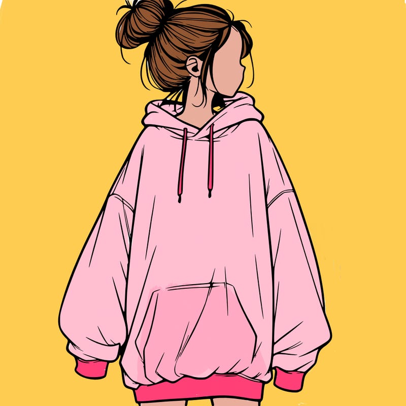 realistic girl with a oversized sweatshirt on and a bun