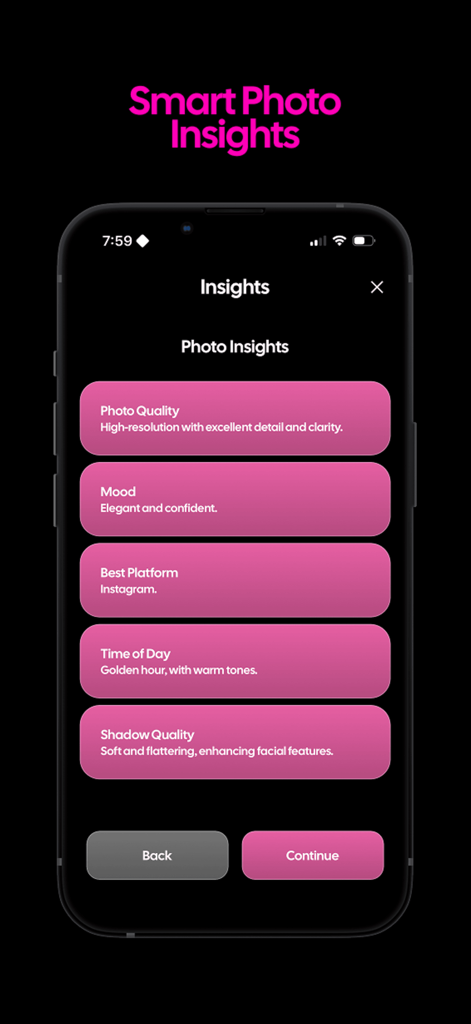 Gleam AI - Glow Up App - Schermata degli approfondimenti fotografici di Gleam AI che mostra approfondimenti fotografici intelligenti per la qualità dei social media e l'illuminazione