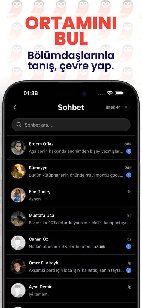 Una pantalla móvil que muestra la interfaz de chat de la aplicación Kampusify con varias conversaciones y mensajes de estudiantes.
