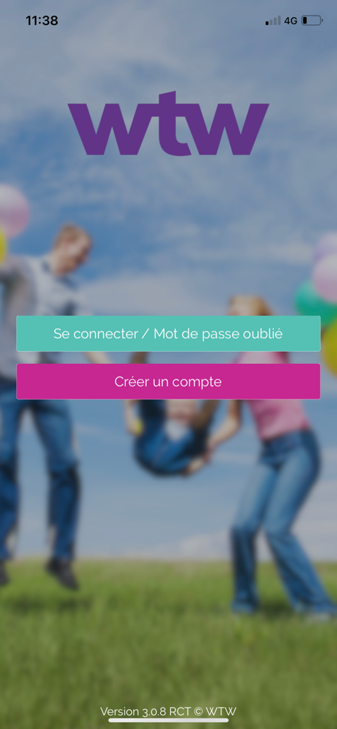 Santé WTW - Écran d'accueil et de connexion de l'application Santé WTW affichant les boutons de connexion ou de création de compte sur fond de photo de famille.