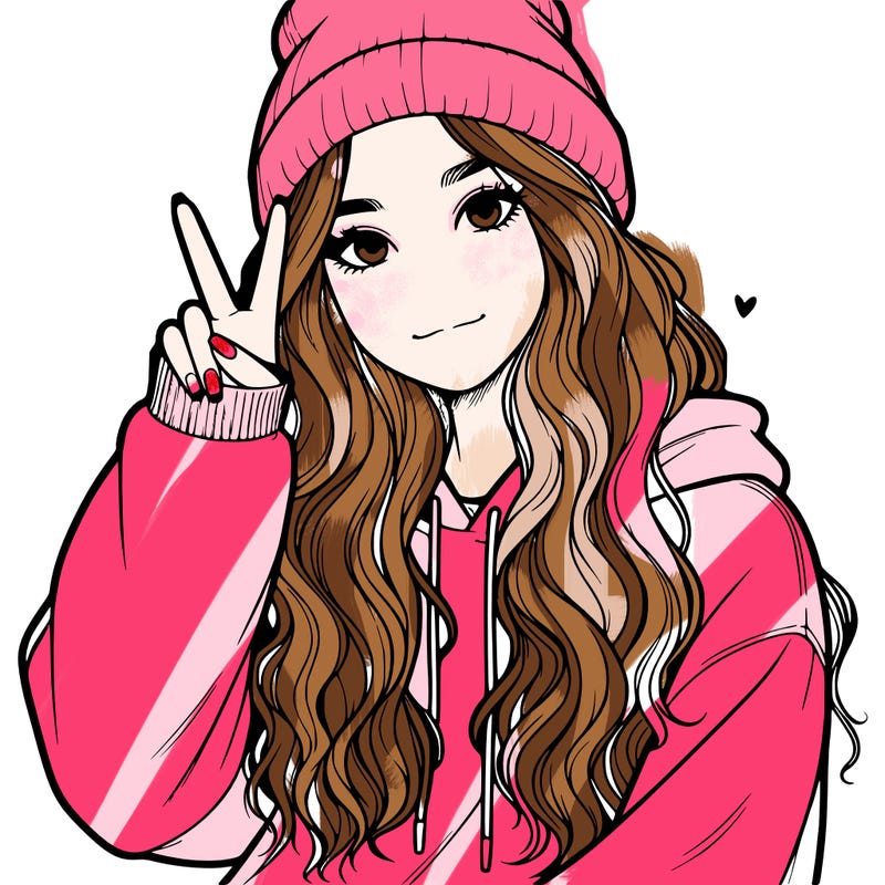 a teenage girl in a beanie, oversized sweatshirt, wavy long hair, and is showing a ✌️