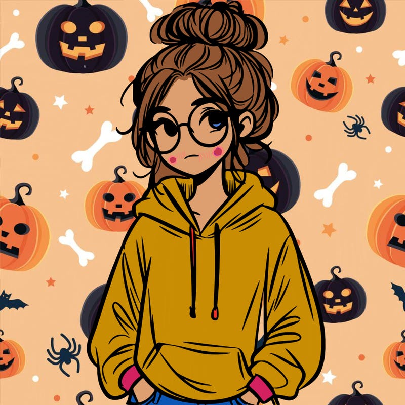 teen girl with a messy bun and glasses wearing a loose hoodie and jeans