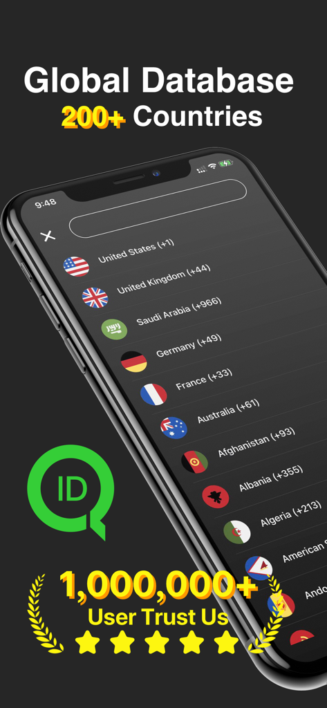 Find Caller app interface showing a list of over 200 supported countries for reverse phone lookup